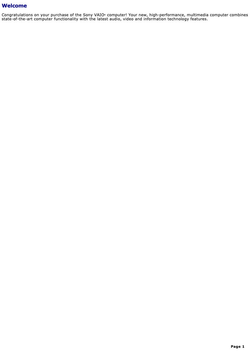 First page image of the manual for Vaio PCV-RX590G