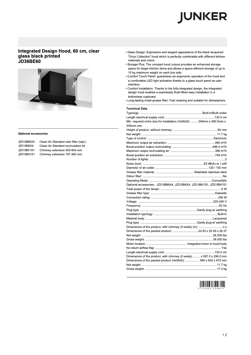 Page 1 of the manual Technical Sheet Junker JD36BE60