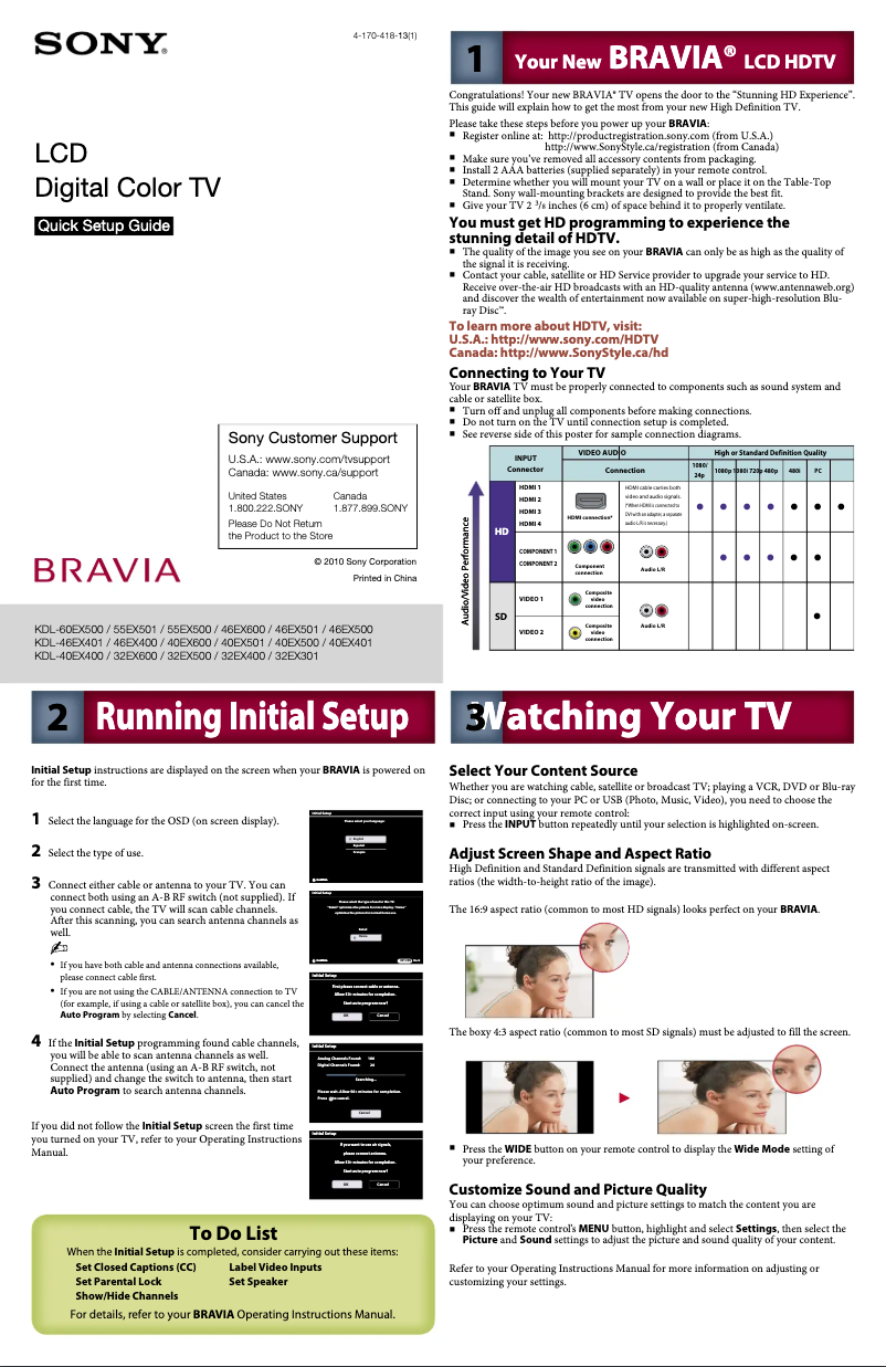 Page 1 of the manual Installation Guide Sony Bravia KDL-46EX401