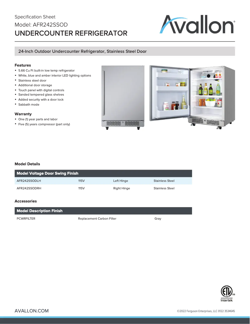 First page image of the manual for AFR242SSODRH