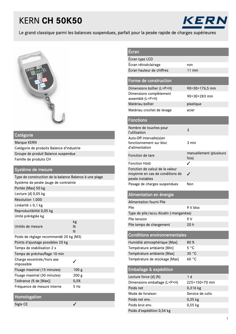 Page 1 of the manual Technical Sheet Kern CH 50K50