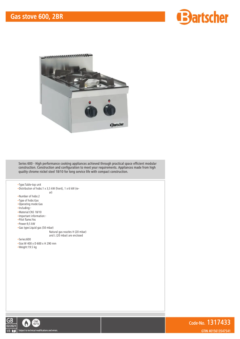 Page 1 of the manual Technical Sheet Bartscher 1317433