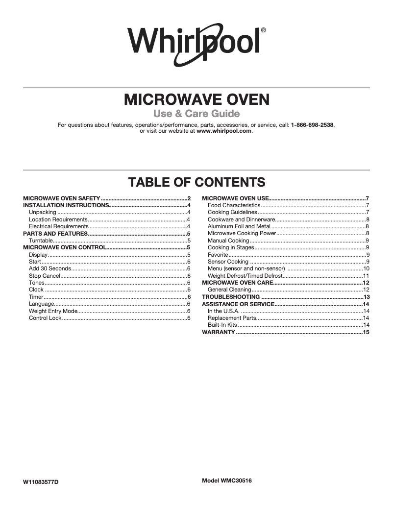 Page 1 of the manual Warranty Information Whirlpool WMC30516HZ