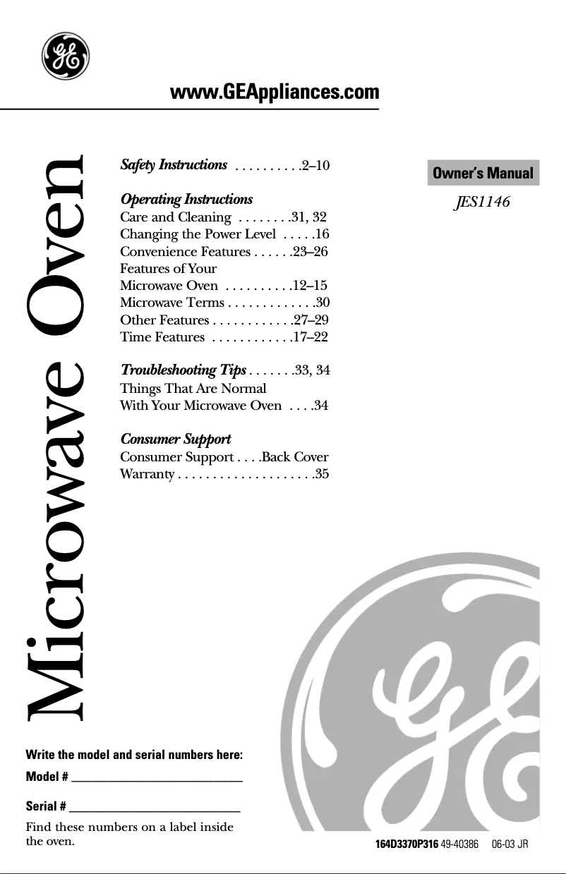 Page 1 of the manual User Manual GE JES1146BF