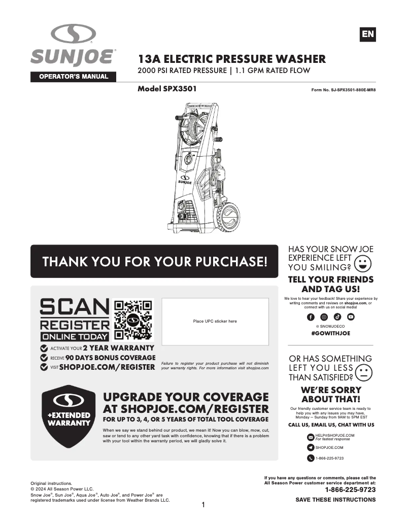 Page 1 de la notice Manuel utilisateur Sun Joe SPX3501