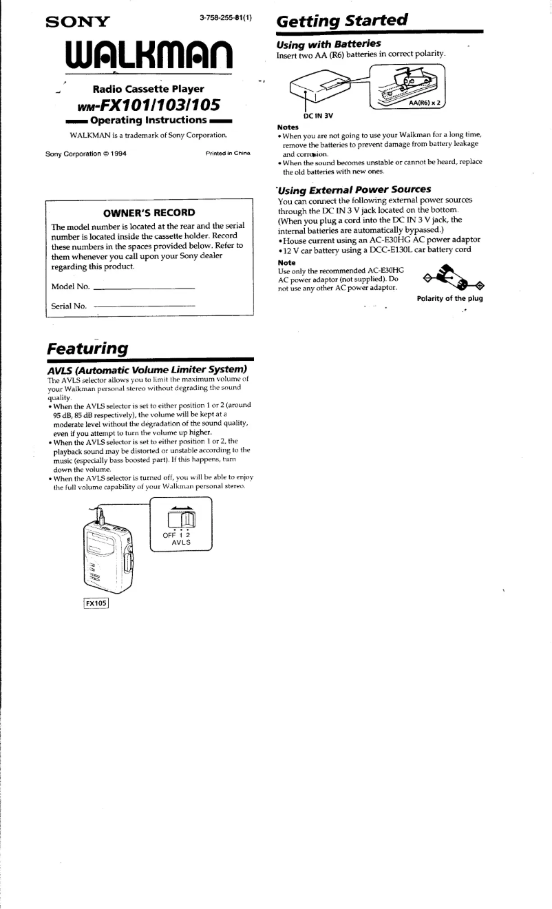 Page 1 of the manual User Manual Sony Walkman WM-FX103