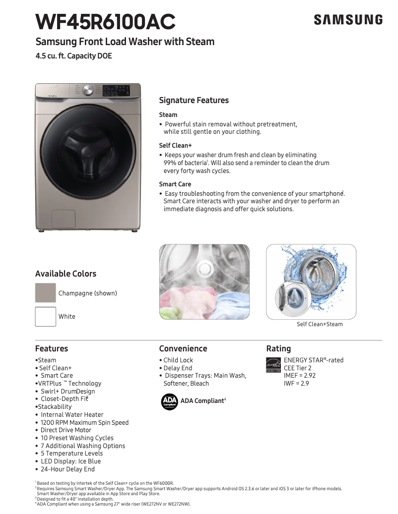 Page 1 of the manual Technical Sheet Samsung WF45R6100AC