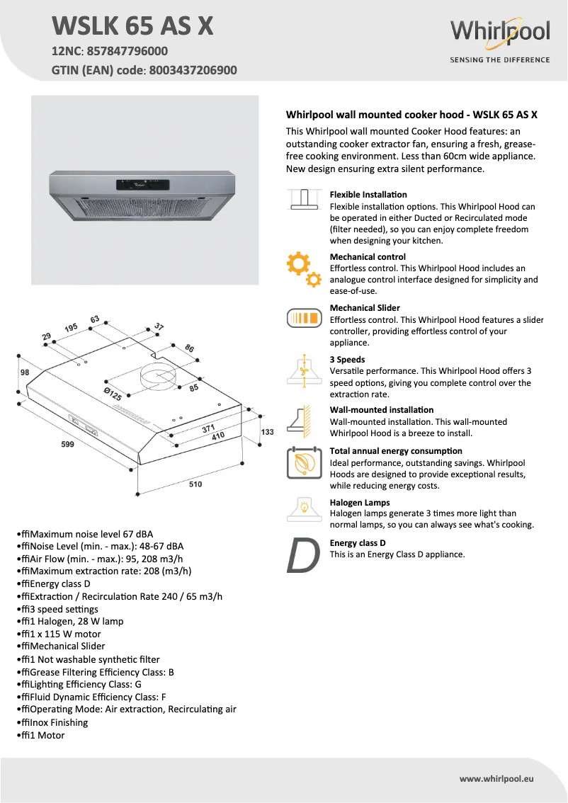 Page 1 of the manual Technical Sheet Whirlpool WSLK 65 AS X