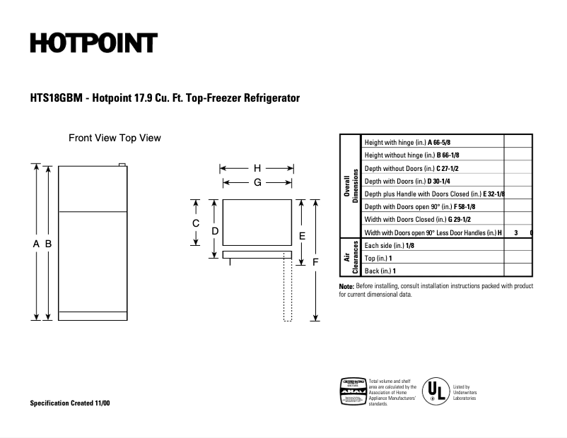 Page 1 of the manual Technical Sheet Hotpoint HTS18GBMCC