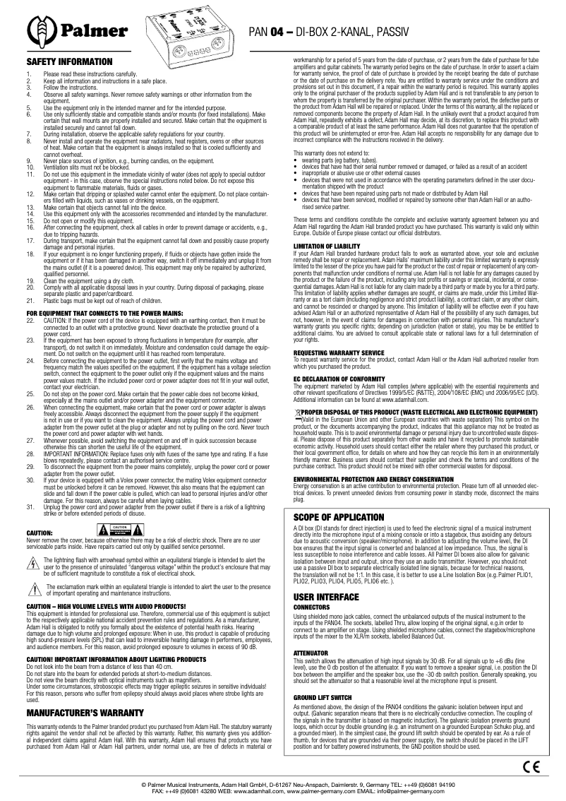 Page 1 of the manual User Manual Palmer PAN 04