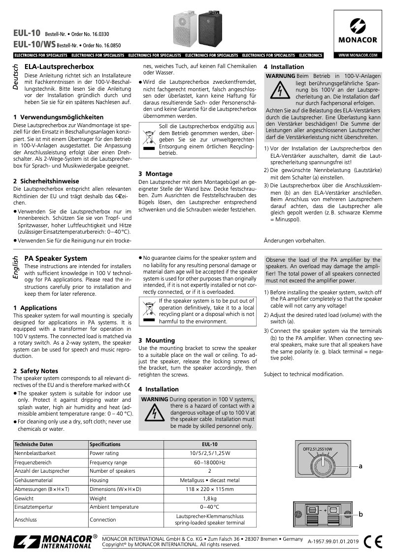 First page image of the manual for EUL-10/WS