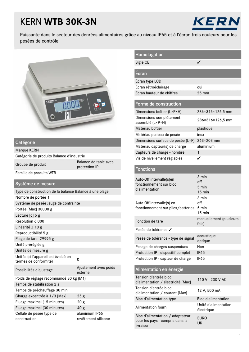 Page 1 of the manual Technical Sheet Kern WTB 30K-3N