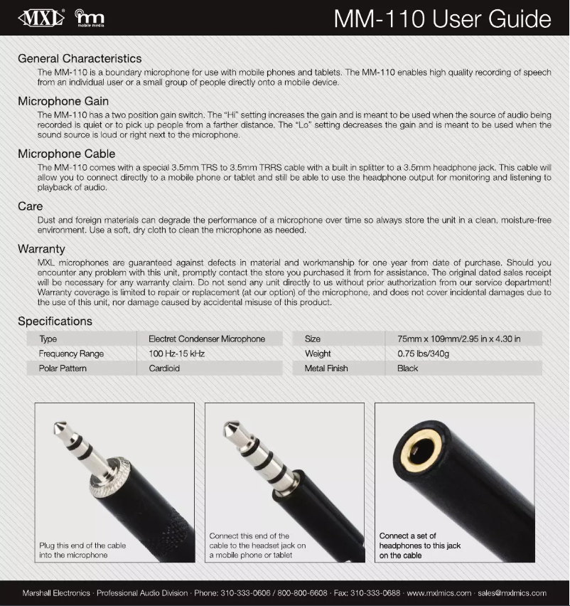 First page image of the manual for MM110