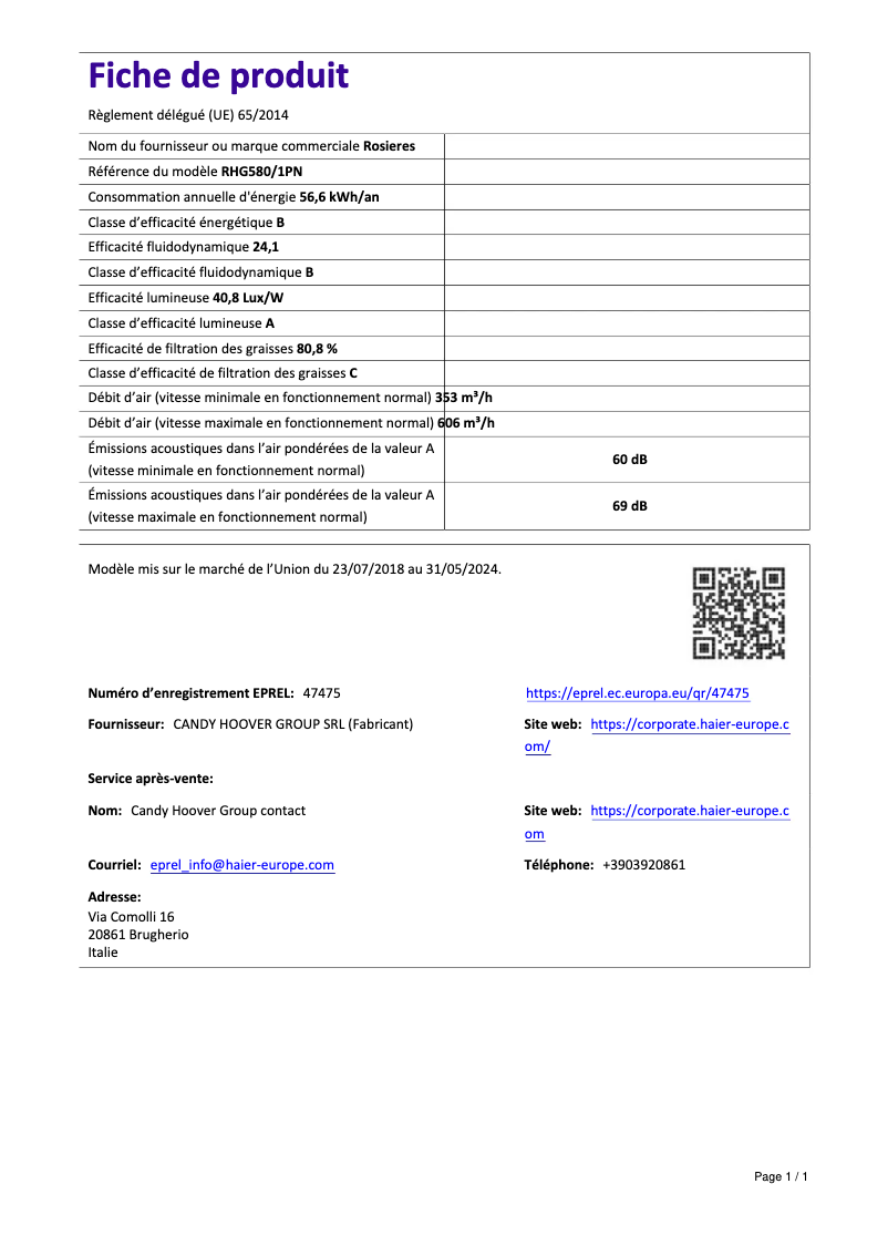 Page 1 of the manual Technical Sheet Rosieres RHG 580/1 PN