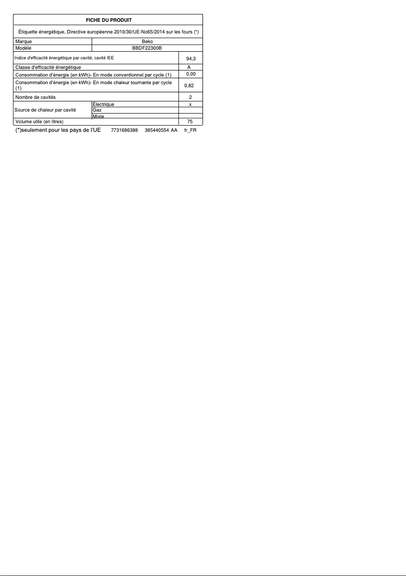 Page 1 of the manual Technical Sheet Beko BBDF22300B