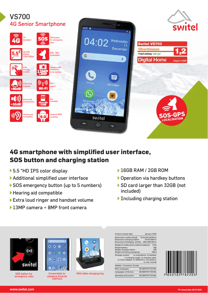 Page 1 of the manual Technical Sheet Switel VS700