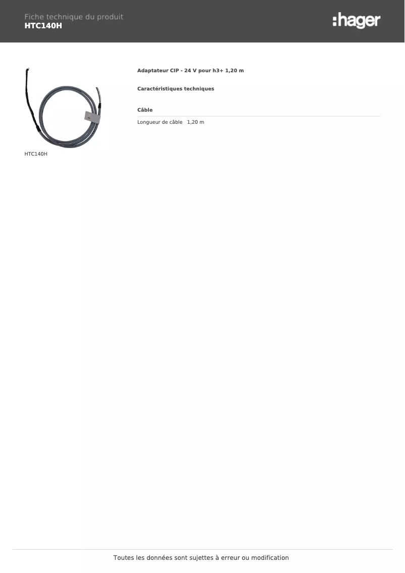 Page 1 of the manual Technical Sheet Hager HTC140H