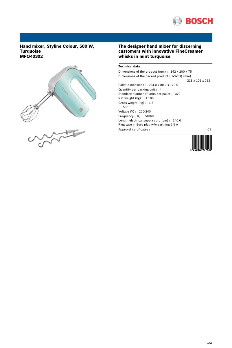Page 1 of the manual Technical Sheet Bosch Styline MFQ40302