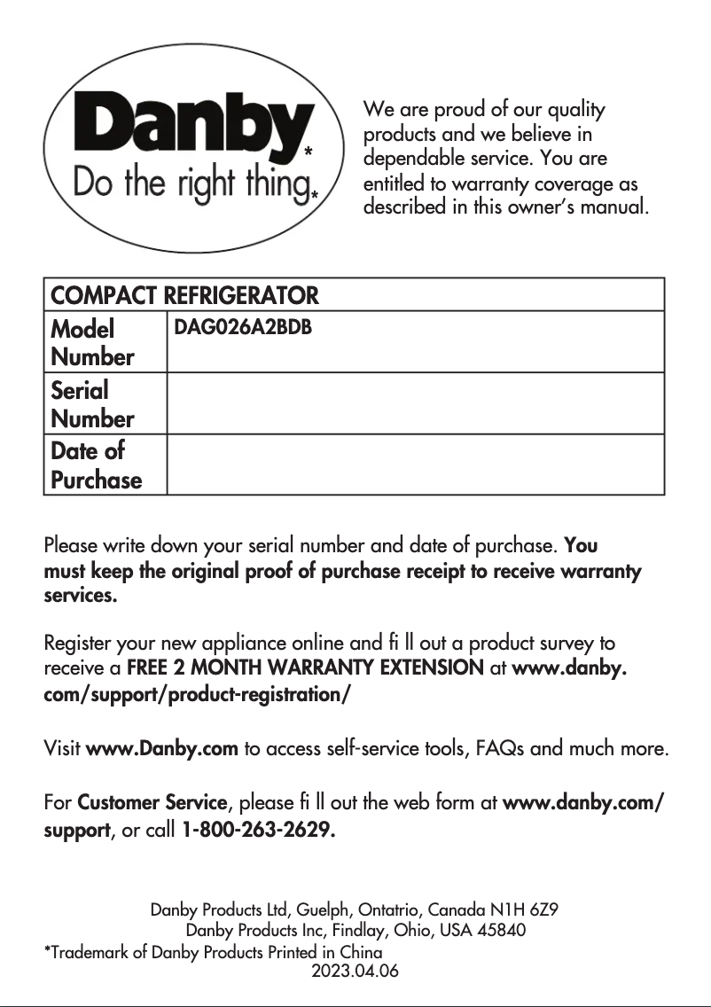 Page 1 of the manual User Manual Danby DAG026A2BDB