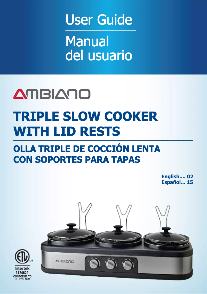 First page image of the manual for Triple Slow Cooker with Lid Rests ATSC25SS