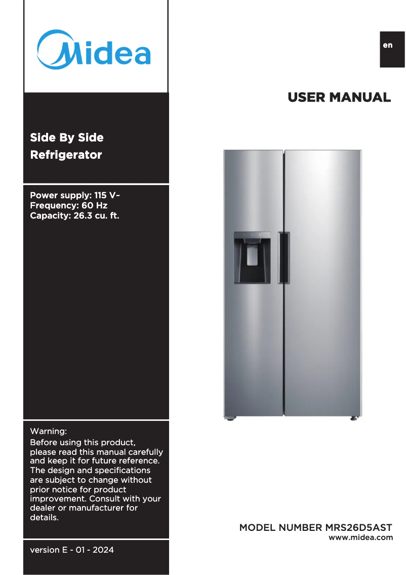 First page image of the manual for MRS26D5AST