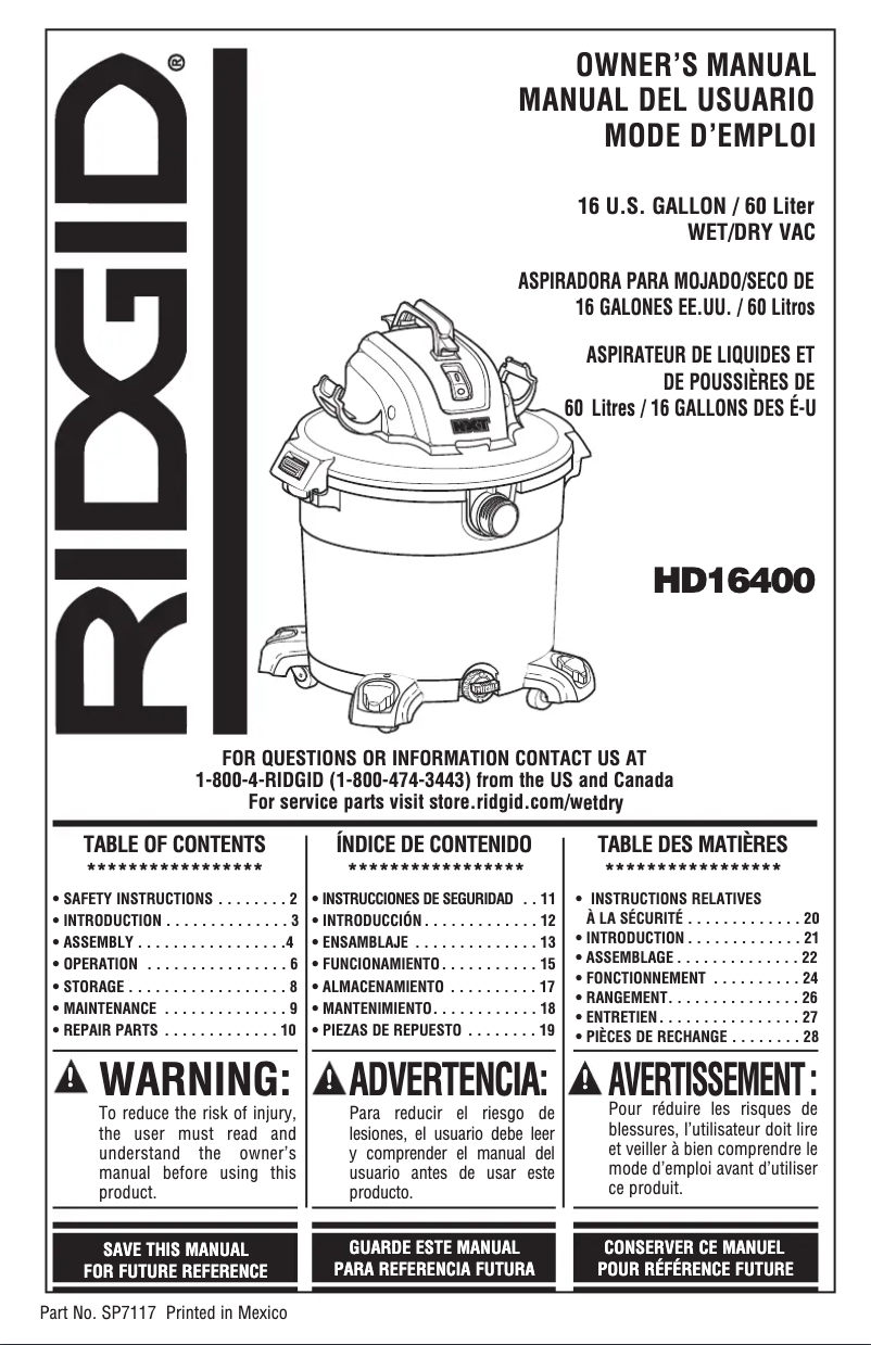 First page image of the manual for HD1640