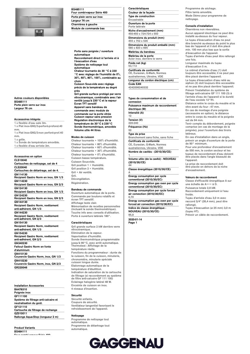 Page 1 de la notice Fiche technique Gaggenau BS485111