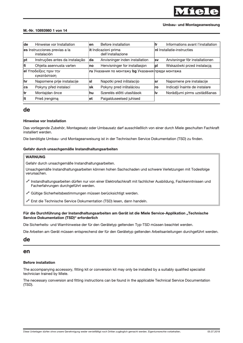Page 1 of the manual Measuring Guide Miele UG 5005-30