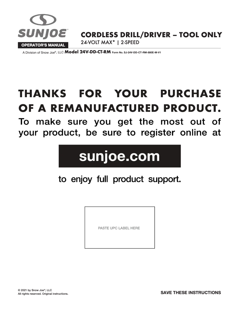 Page 1 of the manual User Manual Sun Joe 24V-DD-CT-RM