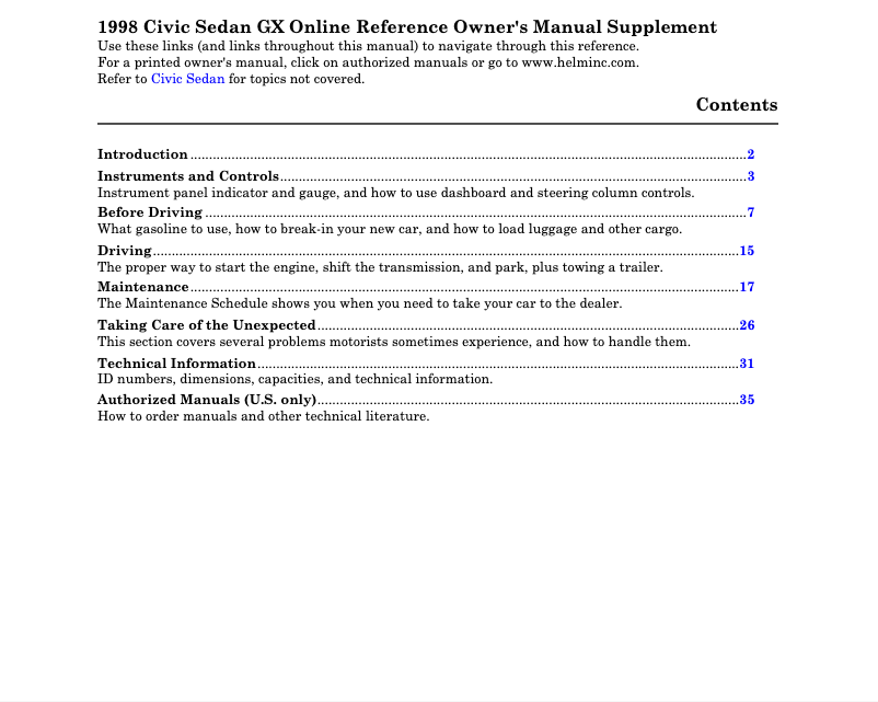 Page 1 of the manual User Manual Honda Civic Sedan GX (1998)