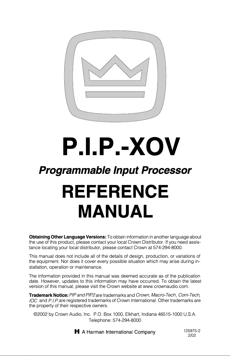 Page 1 of the manual User Manual Crown P.I.P.-XOV