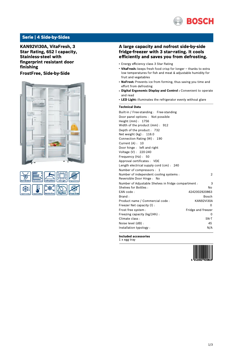 Page 1 of the manual Technical Sheet Bosch KAN92VI30A