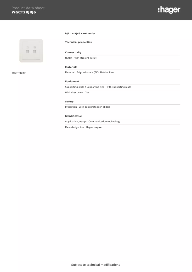 Page 1 of the manual Technical Sheet Hager WGCT2RJRJ6