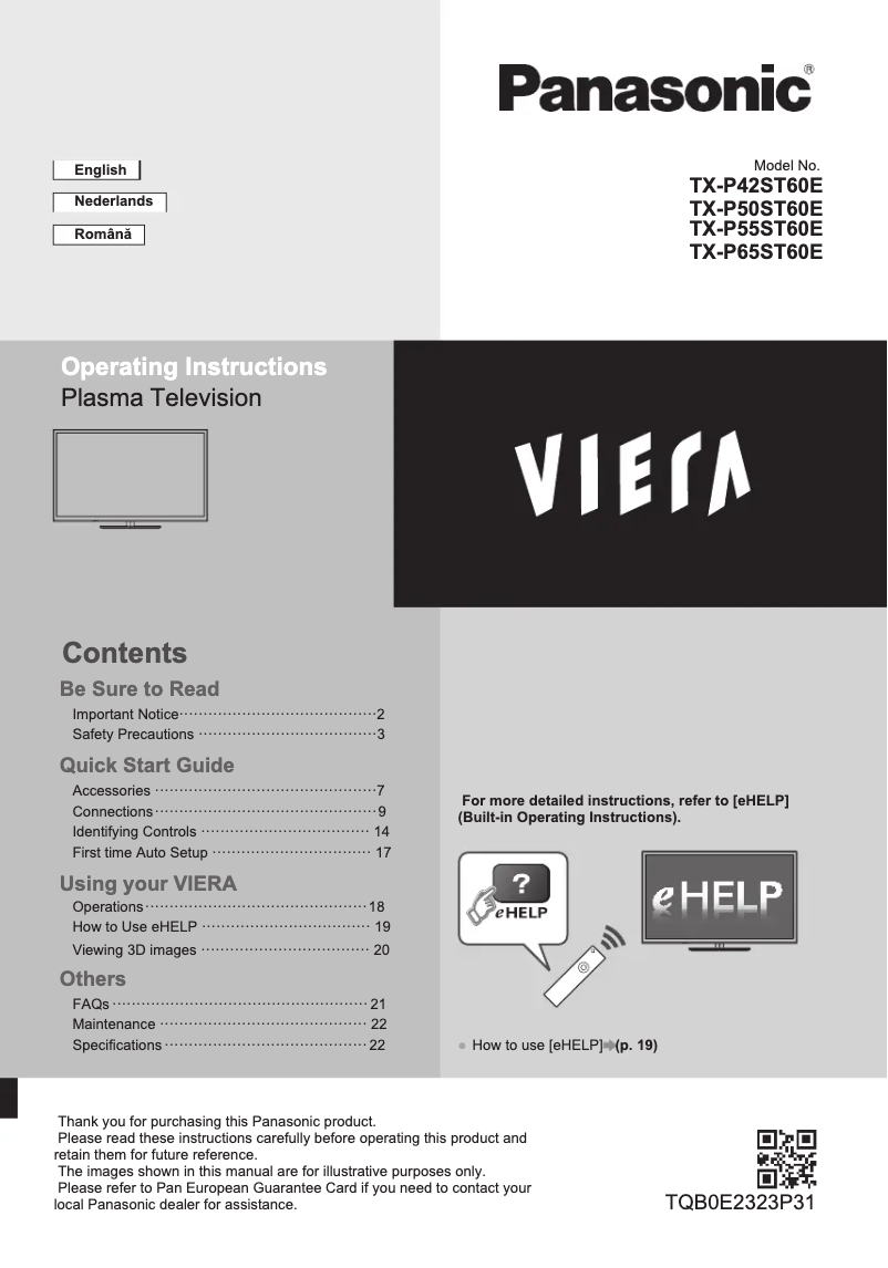 First page image of the manual for Viera TX-P55ST60