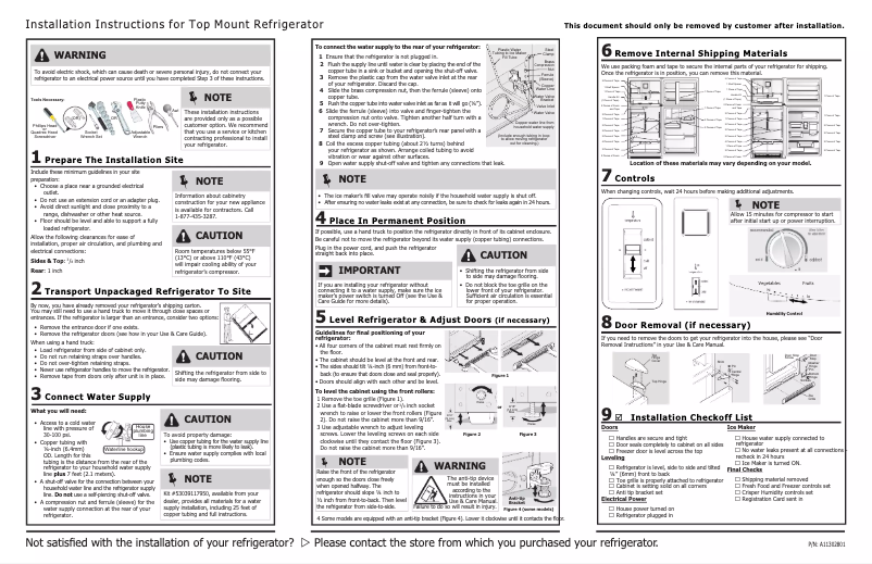 Page 1 de la notice Guide d'installation Frigidaire FFTR2021TB
