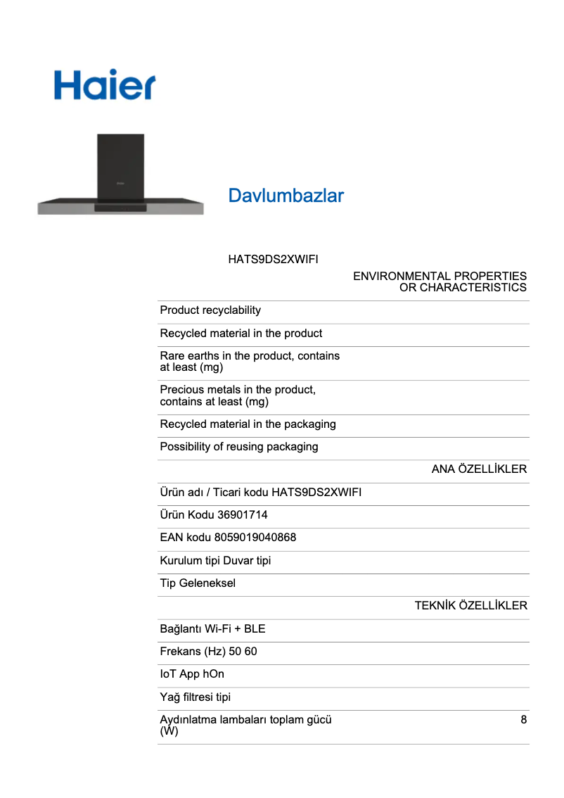 First page image of the manual for HATS9DS2XWIFI
