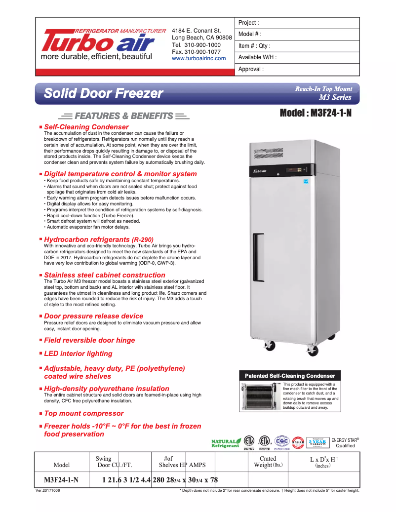 Page 1 of the manual Technical Sheet Turbo air M3F24-1