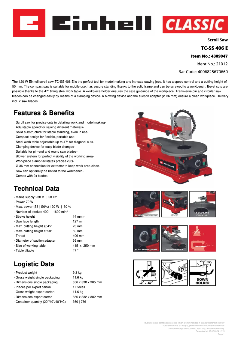 Page 1 of the manual Technical Sheet Einhell TC-SS 406 E