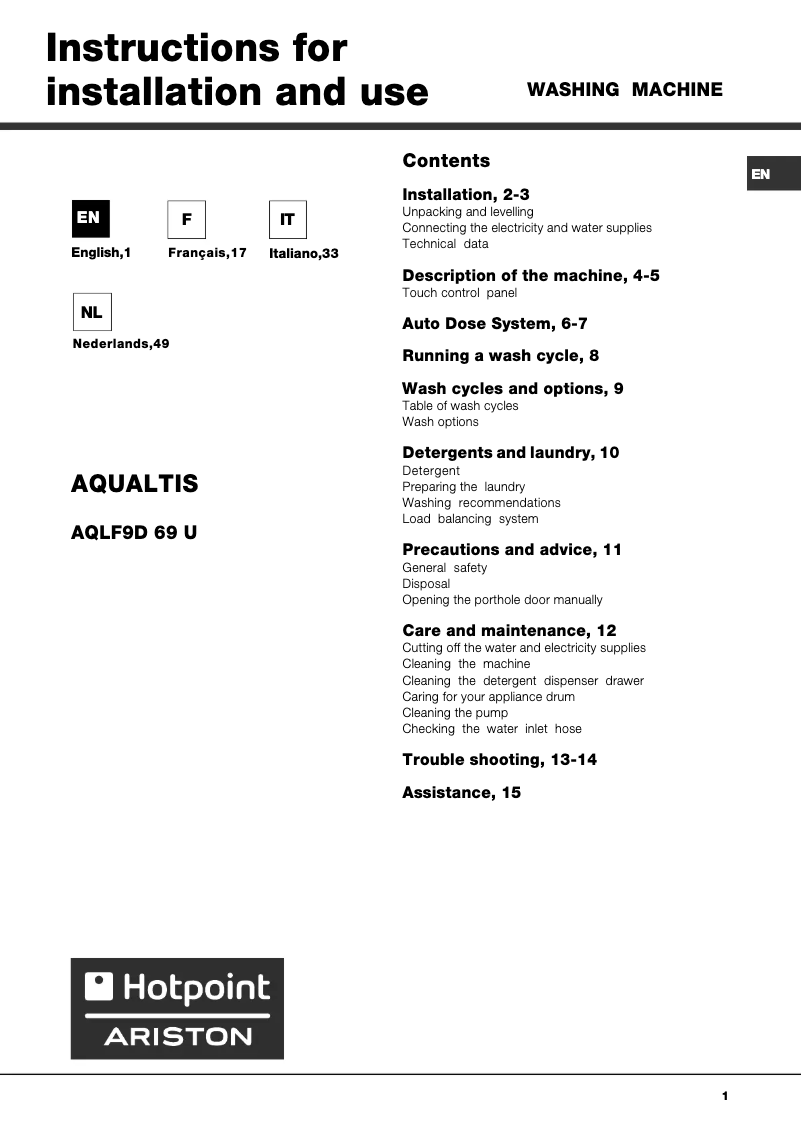 First page image of the manual for Aqualtis AQLF9D69U EU B