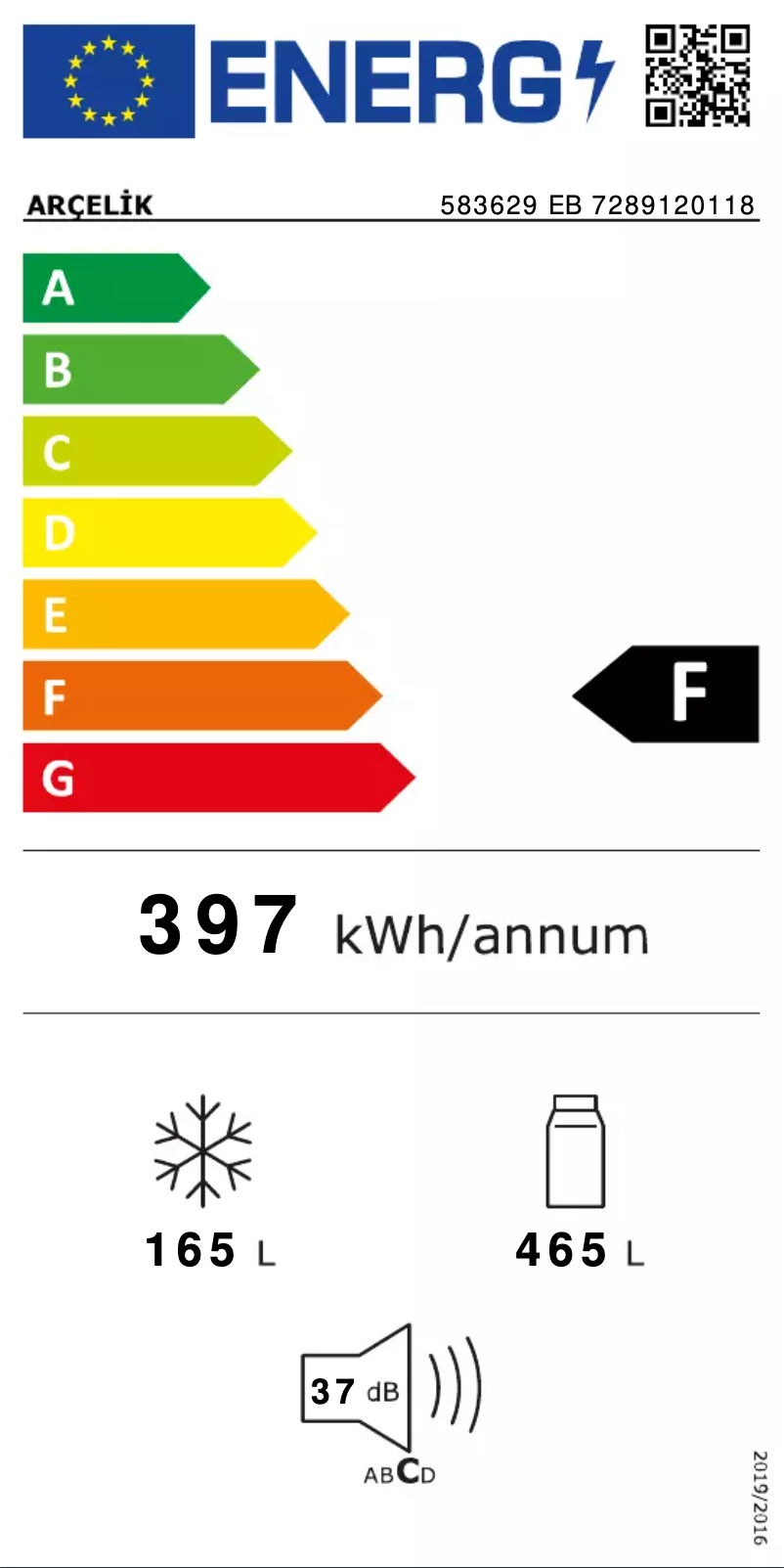Page 1 of the manual Energy Label Arçelik 583629 EB