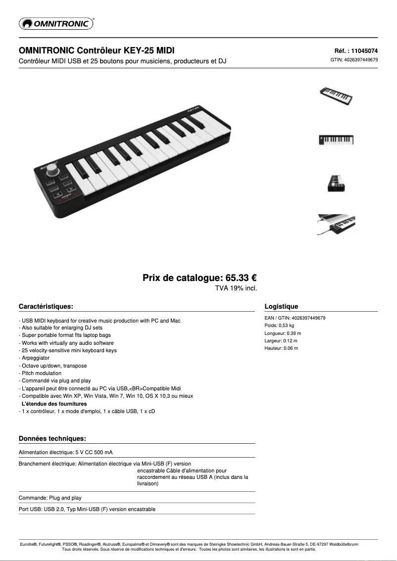 Page 1 of the manual Technical Sheet Omnitronic KEY-25