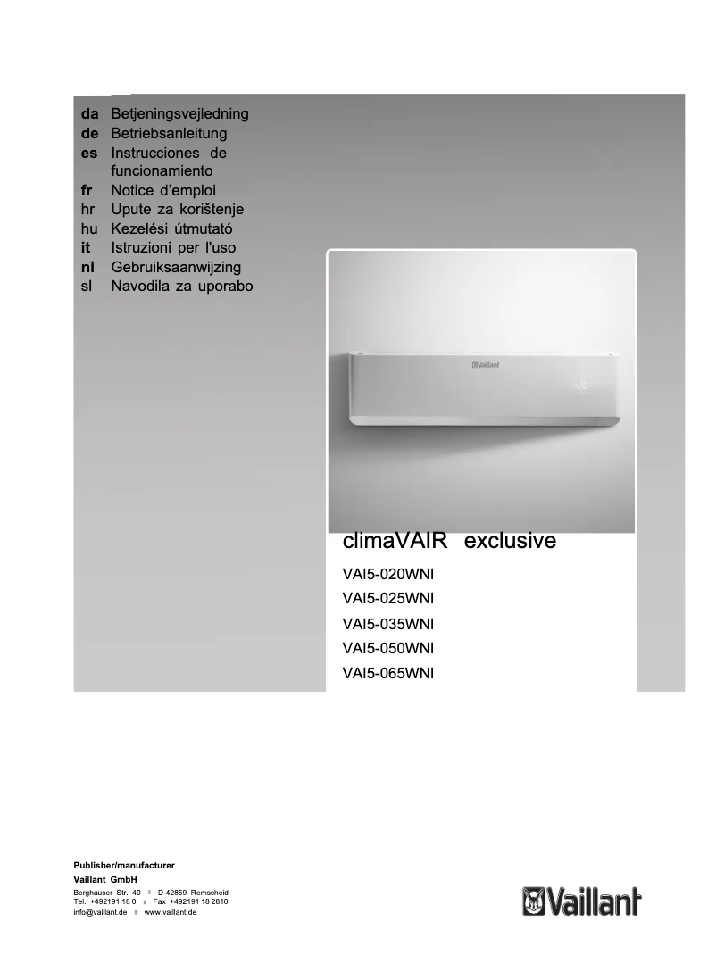 Page 1 of the manual User Manual Vaillant VAI5-020WNI