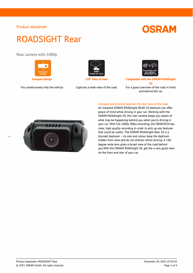 Page 1 of the manual Technical Sheet Osram ROADsight Rear 10