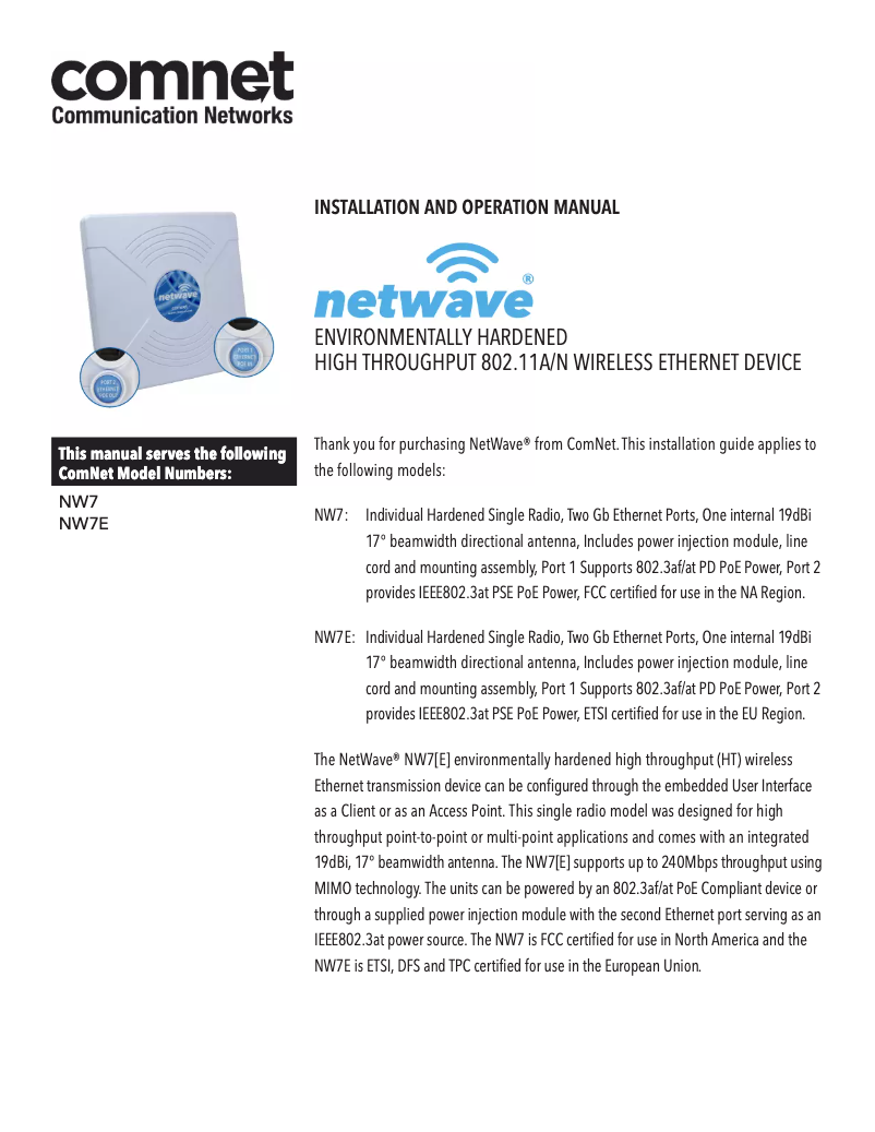 Page 1 of the manual User Manual ComNet NetWave NW7