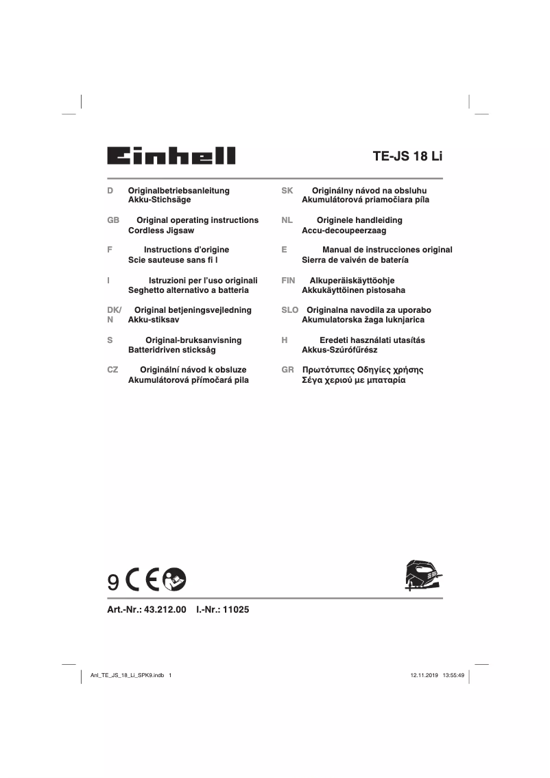 Page 1 of the manual User Manual Einhell TE-JS 18/80 Li-Solo