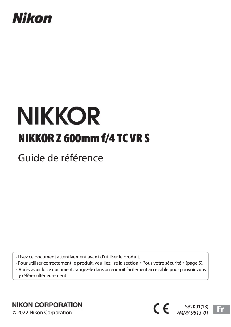 First page image of the manual for NIKKOR Z 600mm f/4 TC VR S