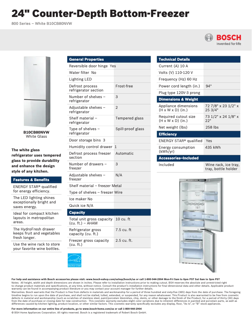 Page 1 of the manual Technical Sheet Bosch B10CB80NVW