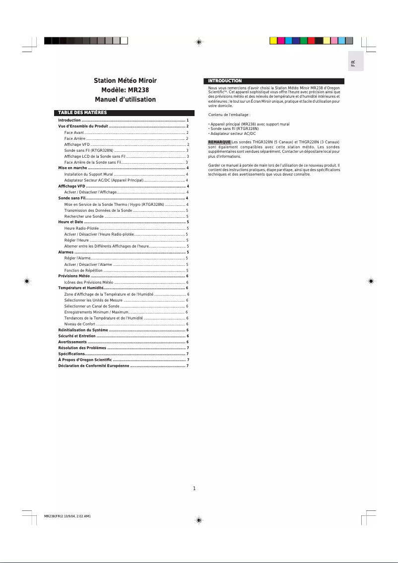 First page image of the manual for MR238