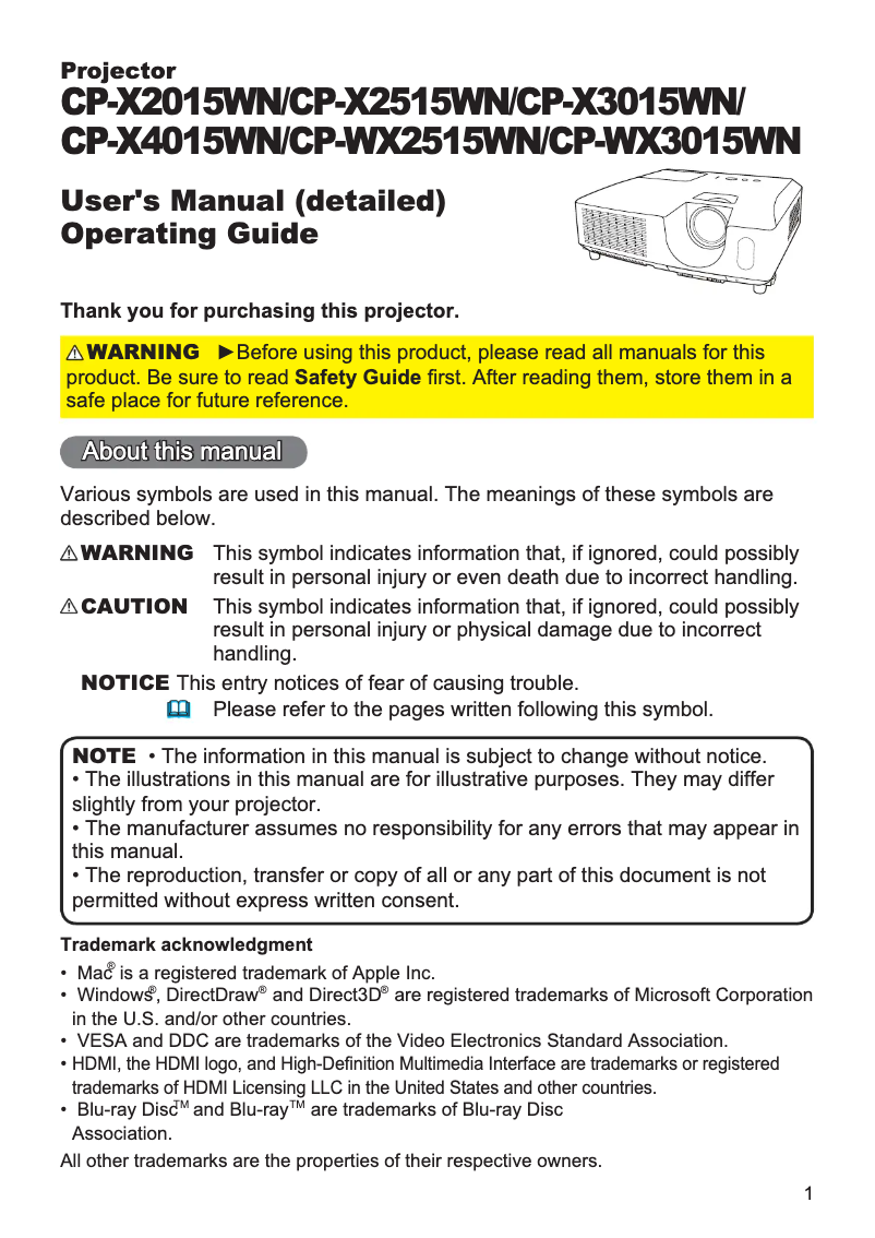 Image de la première page du manuel de l'appareil CP-X2015WN