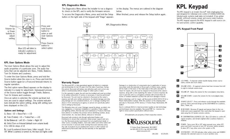 First page image of the manual for KPL Keypad